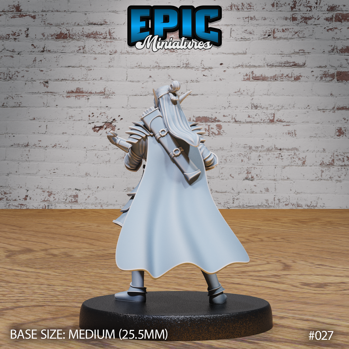 Dark elf warrior seen from behind, showing a flowing cloak and a scroll case strapped across armoured shoulders, pointed ears visible above a high collar. Sculpt by Epic Miniatures.
