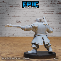 Dwarf gunslinger seen from behind, broad armoured shoulders and long coat clearly visible, one arm outstretched levelling a long pistol with a decorative muzzle weight, silver hair tied back. Sculpt by Epic Miniatures.