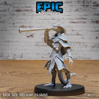 Armoured lizardfolk warrior raising a long blowpipe to its snout, wearing angular plate pauldrons and a scaled long coat, clawed feet braced, tail extended behind. Sculpt by Epic Miniatures.