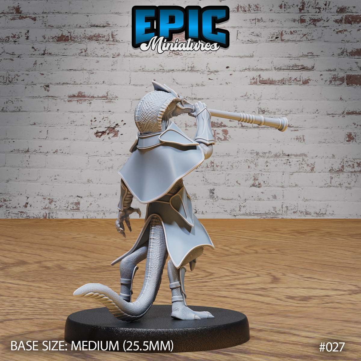 Lizardfolk warrior in layered plate armour seen from behind, both hands gripping a blowpipe raised to its reptilian snout, heavily textured tail curling to the ground. Sculpt by Epic Miniatures.
