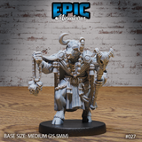 Bull-horned minotaur warlock striding forward, swinging a skull on a chain in one hand and gripping a horned bone totem in the other, wearing layered robes hung with carved bone bead chains and hexagonal medallions. Sculpt by Epic Miniatures.