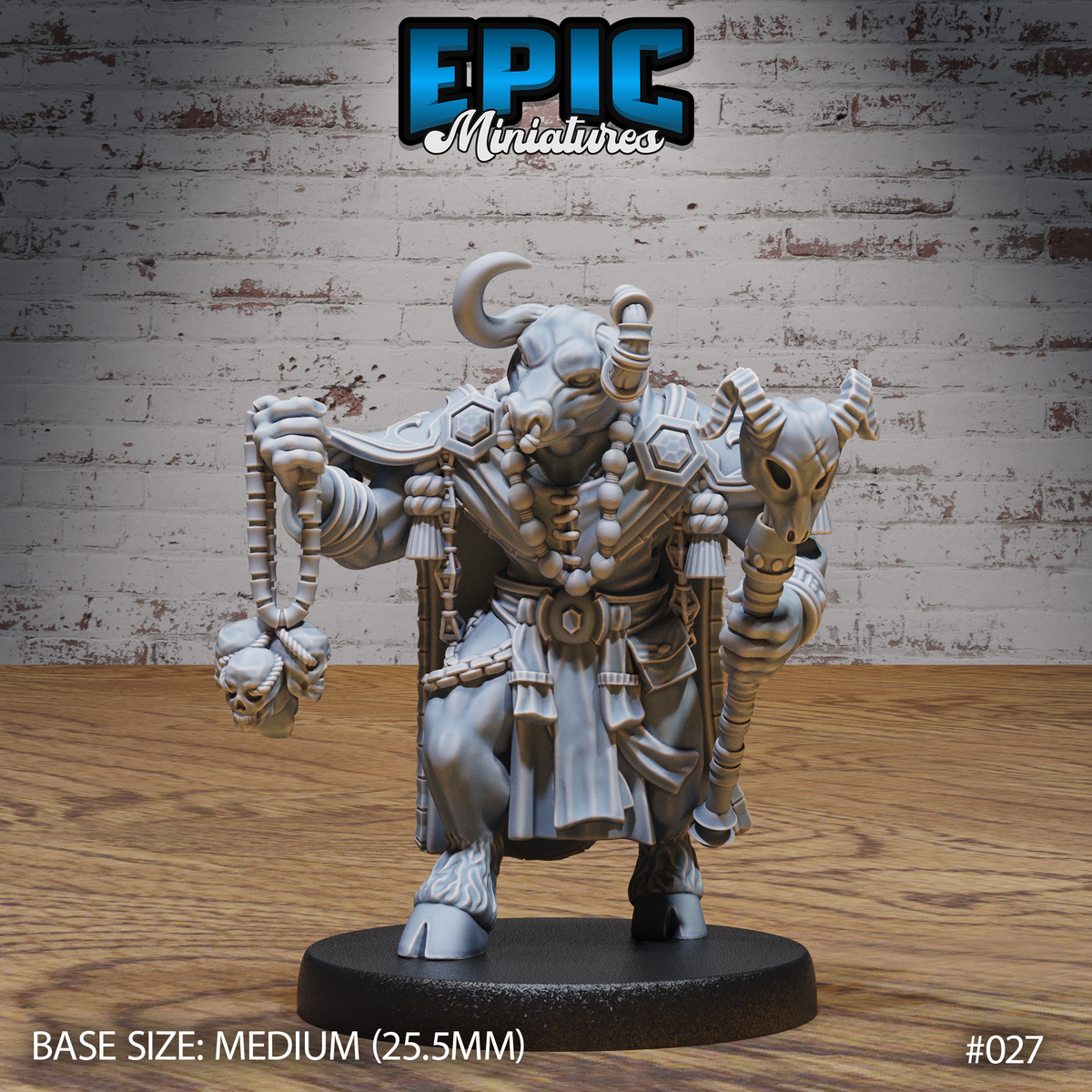 Bull-horned minotaur warlock striding forward, swinging a skull on a chain in one hand and gripping a horned bone totem in the other, wearing layered robes hung with carved bone bead chains and hexagonal medallions. Sculpt by Epic Miniatures.