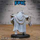Minotaur warlock seen from behind, broad ceremonial cape falling from rope-braided pauldrons, ornate bone bead chains draped across the cape's back, a skull-tipped chain hanging at his side, fur-tufted hooves visible beneath the robes. Sculpt by Epic Miniatures.