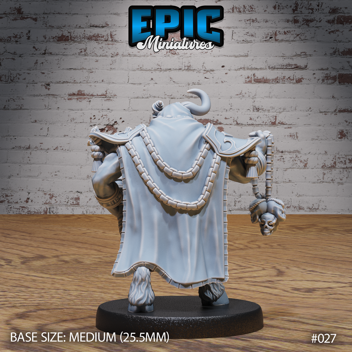 Minotaur warlock seen from behind, broad ceremonial cape falling from rope-braided pauldrons, ornate bone bead chains draped across the cape's back, a skull-tipped chain hanging at his side, fur-tufted hooves visible beneath the robes. Sculpt by Epic Miniatures.