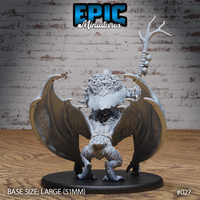 Rear view of an orc shaman mounted on a winged bat, broad leathery wings spread wide with visible membrane veins and taloned joints, bone staff raised, fur-textured body and clawed feet. Sculpt by Epic Miniatures.