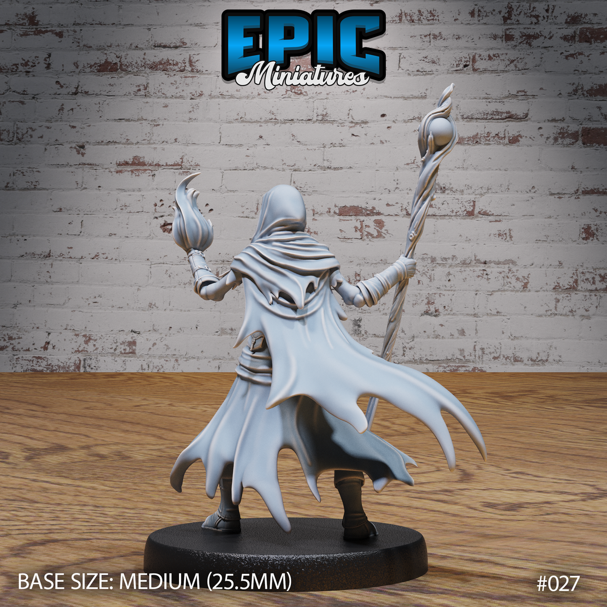 Skeleton wizard seen from behind, hooded robes billowing with torn hem, one arm raised holding an orb-topped staff, the other extended with flame effect. Sculpt by Epic Miniatures.