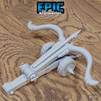 Ballista miniature by Epic Miniatures viewed from the side, showing the full length of the timber rail, the swept limbs curving outward, studded wheel-like grip fittings, and a bolt nocked on the rail.
