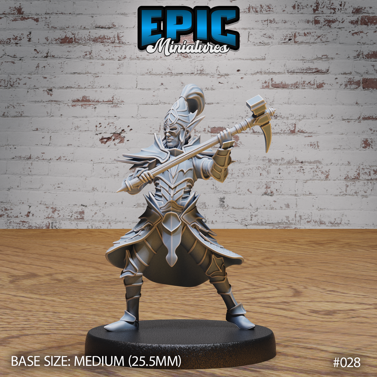 Dark elf warrior in wide combat stance gripping a polearm with hammer head and blade tip, wearing ornate angular plate armour and a tall swept helm. Sculpt by Epic Miniatures.