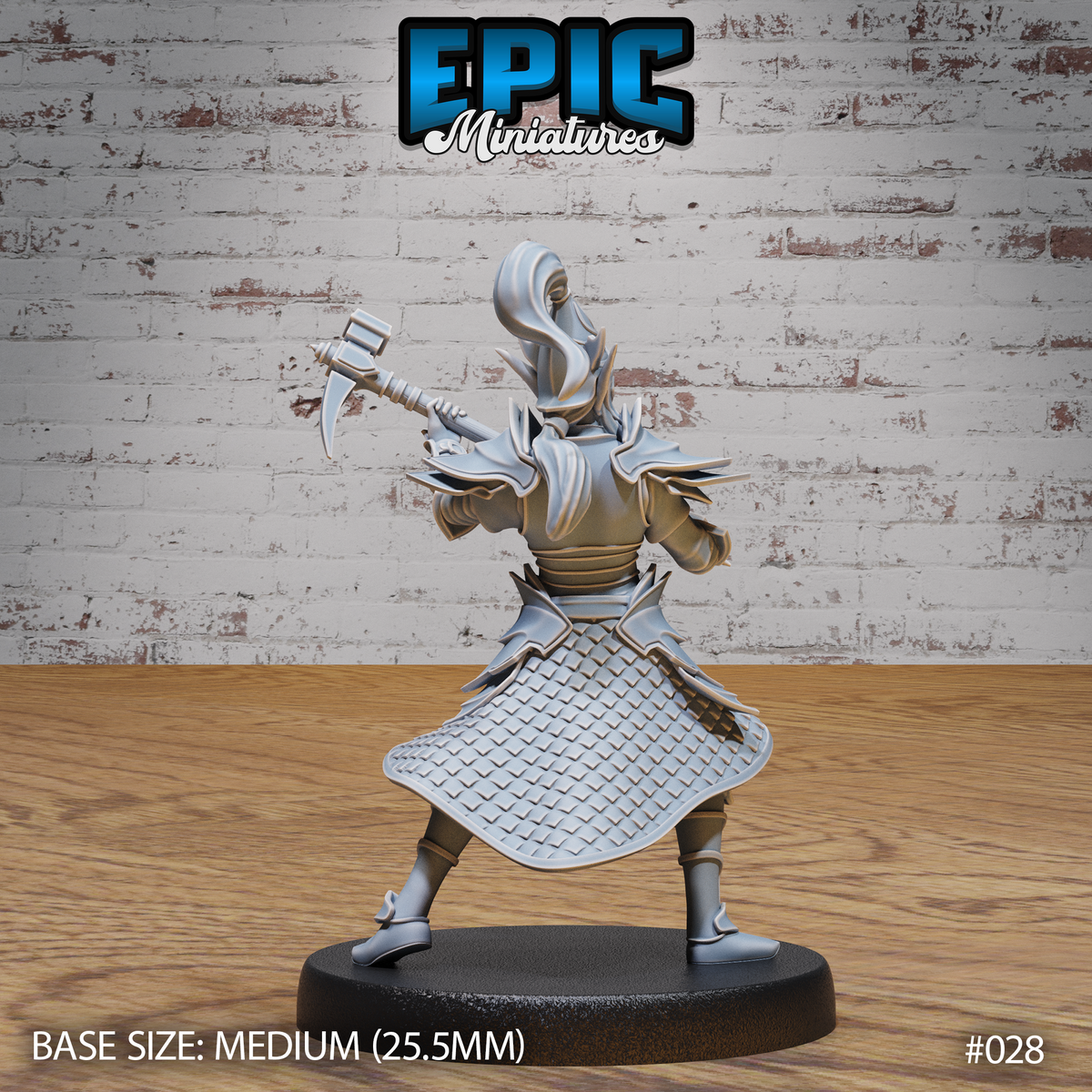 Dark elf warrior seen from behind, showing chainmail skirt with diamond-link texture, layered plate pauldrons, and both hands gripping a halberd-style hammer. Sculpt by Epic Miniatures.