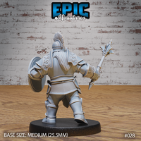 Rear view of a heavily armoured dwarf warrior gripping a raised flanged mace, showing engraved knotwork pauldrons, chainmail waist sash, and a fin-crested helmet above a long braided beard. Sculpt by Epic Miniatures.