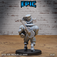 Minotaur bard seen from behind, revealing an ornately carved fiddle with decorative scroll-work strapped across his broad back, wearing a top hat and heavy coat, with cloven hooves and curling horns. Sculpt by Epic Miniatures.