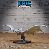 Savage large bat creature with wings fully spread and jaws open wide, thick fur on chest and legs, bony wing-claws at each tip, harness straps across torso, mounted on a 51mm oval base. Sculpt by Epic Miniatures.