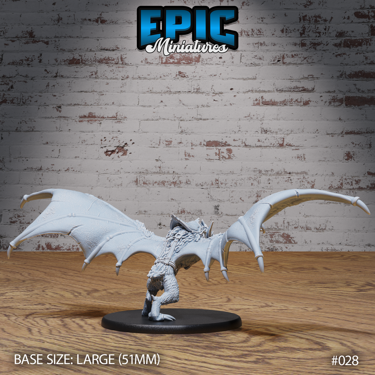 Large bat mount viewed from behind with both wings arched wide overhead, showing detailed membrane texture and articulated wing-fingers, heavily furred haunches and clawed hind feet, on a 51mm oval base. Sculpt by Epic Miniatures.