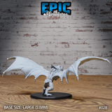 Large bat mount viewed from behind with both wings arched wide overhead, showing detailed membrane texture and articulated wing-fingers, heavily furred haunches and clawed hind feet, on a 51mm oval base. Sculpt by Epic Miniatures.