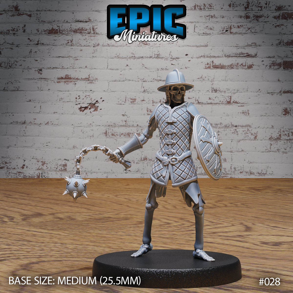 Armoured skeleton warrior holding a spiked flail in one hand and a round shield in the other, wearing quilted armour and a broad-brimmed kettle hat, bare bone legs visible below the waist. Sculpt by Epic Miniatures.