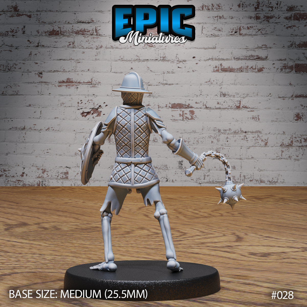 Skeleton warrior seen from behind, quilted armour covering the torso and shoulders, spiked flail hanging at the side, round shield gripped at the back, skeletal legs and feet exposed below tattered cloth. Sculpt by Epic Miniatures.