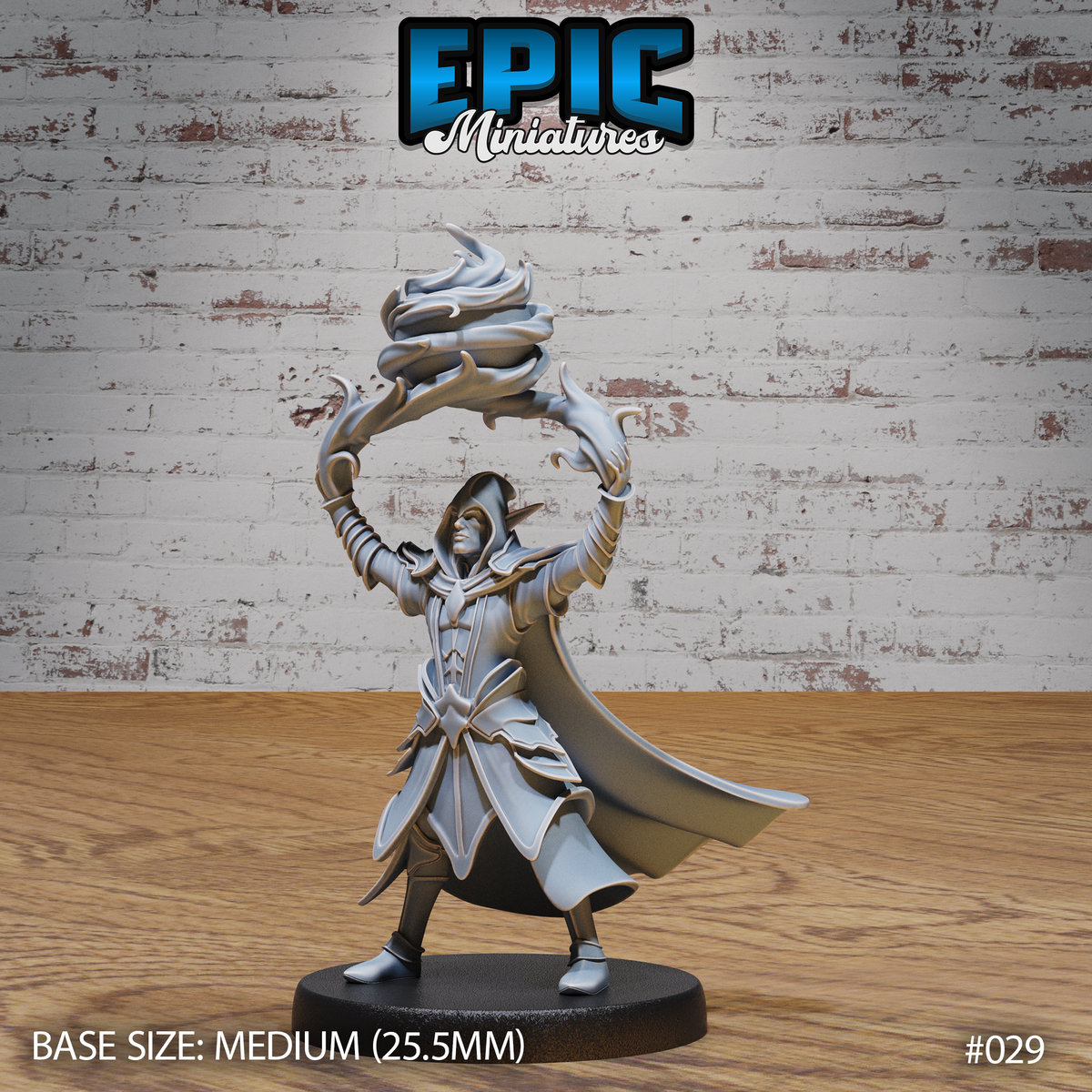 Dark elf archmage with both arms raised, channelling a swirling vortex of arcane energy above her head. Layered robed armour with angular panelling, swept cape, hooded face with calm expression. Sculpt by Epic Miniatures.