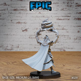 Dark elf archmage seen from behind, arms aloft as arcane energy coils upward in a jagged column. Billowing swept cape trails behind heavily panelled robes. Gauntleted bracers visible at each wrist. Sculpt by Epic Miniatures.