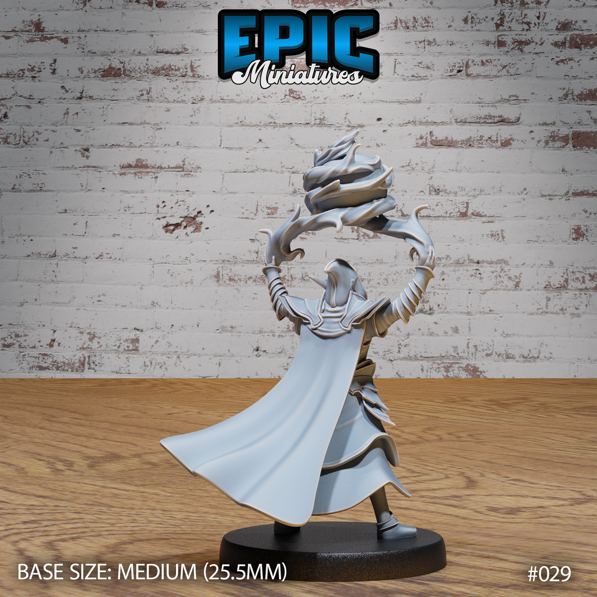 Dark elf archmage seen from behind, arms aloft as arcane energy coils upward in a jagged column. Billowing swept cape trails behind heavily panelled robes. Gauntleted bracers visible at each wrist. Sculpt by Epic Miniatures.