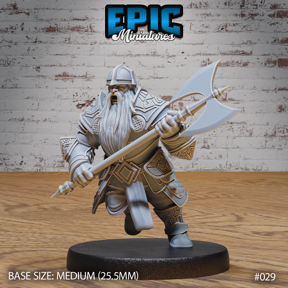 Charging dwarf warrior gripping a long-hafted greataxe at waist height, mouth open in a battle cry, wearing Celtic knotwork plate armour and a nasal helm, long white beard flowing. Epic Miniatures sculpt.