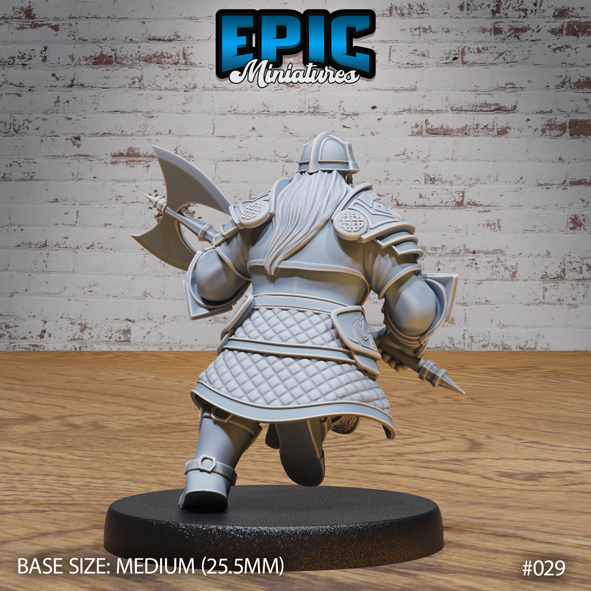Dwarf warrior in Celtic-engraved plate armour seen from behind mid-charge, white hair cascading over pauldrons with knotted medallions, greataxe raised, quilted tasset panels across the lower body. Epic Miniatures sculpt.