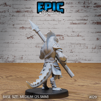Lizardfolk soldier seen from behind, broad dorsal crest visible above plated shoulders, long spear angled upward, detailed overlapping scales across back and powerful tail sweeping low. Sculpt by Epic Miniatures.