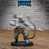 Heavily armoured minotaur drawing a longbow with a broad war arrow nocked, wearing wrap-bound scale armour and a full arrow quiver across his back. Sculpt by Epic Miniatures.