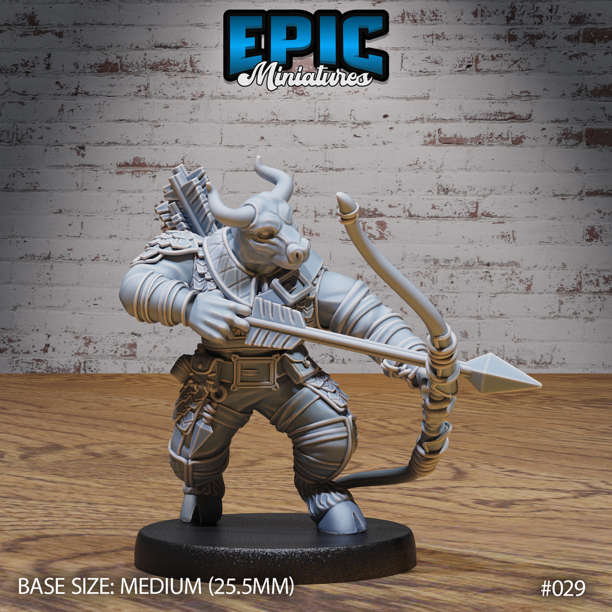 Heavily armoured minotaur drawing a longbow with a broad war arrow nocked, wearing wrap-bound scale armour and a full arrow quiver across his back. Sculpt by Epic Miniatures.