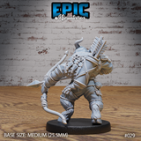 Minotaur ranger seen from behind, showing knotted belt rig, detailed quiver straps, wrap-bound greaves, and scale-patterned chest armour with longbow extended to one side. Sculpt by Epic Miniatures.