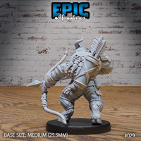 Minotaur ranger seen from behind, showing knotted belt rig, detailed quiver straps, wrap-bound greaves, and scale-patterned chest armour with longbow extended to one side. Sculpt by Epic Miniatures.
