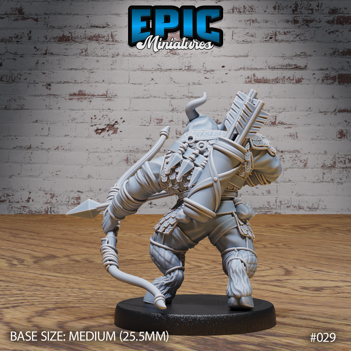 Minotaur ranger seen from behind, showing knotted belt rig, detailed quiver straps, wrap-bound greaves, and scale-patterned chest armour with longbow extended to one side. Sculpt by Epic Miniatures.