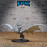 Armoured orc rider mounted on a snarling, wing-spread bat, spear raised overhead in an attack pose. Orc wears heavy plated armour; bat stands rearing on hind claws with fanged jaws open. Sculpt by Epic Miniatures.
