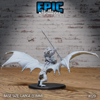 Rear-facing view of the orc bat rider showing the bat's broad leathery wings fully extended, scaled underbelly, and chain-wrapped saddle. Rider grips a long spear with both hands. Sculpt by Epic Miniatures.