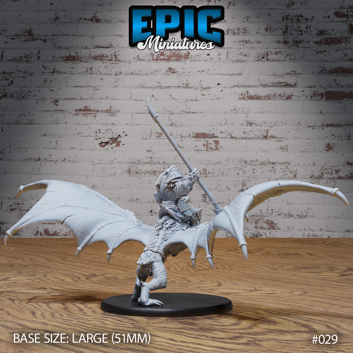 Rear-facing view of the orc bat rider showing the bat's broad leathery wings fully extended, scaled underbelly, and chain-wrapped saddle. Rider grips a long spear with both hands. Sculpt by Epic Miniatures.