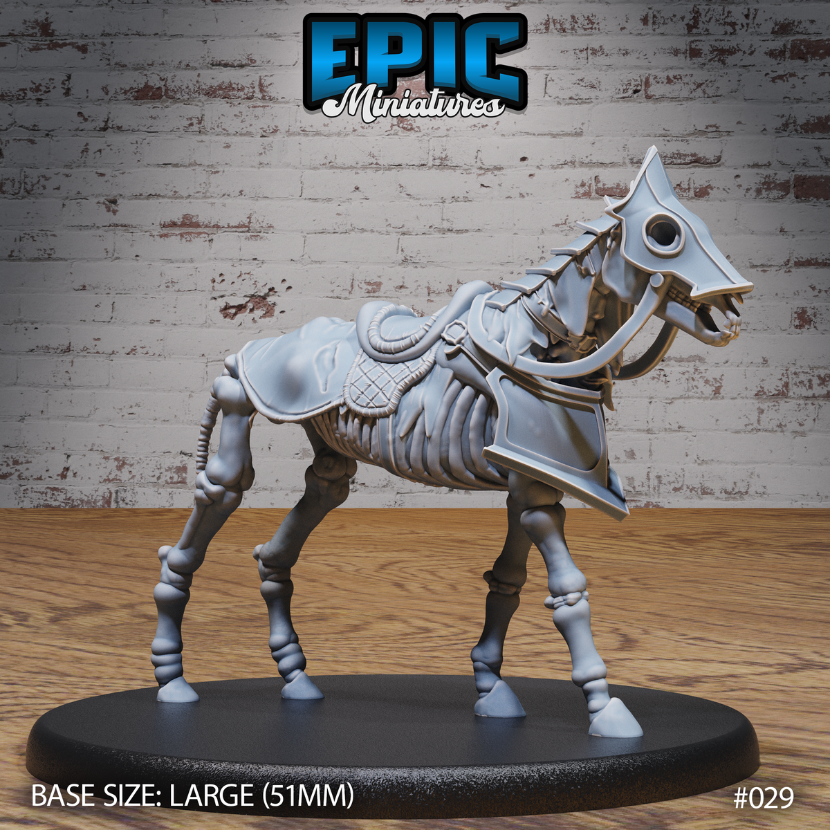 Skeleton warhorse miniature with exposed ribcage, open jaw and empty eye socket, wearing a saddle and bridle, head lowered in a forward stride. Sculpt by Epic Miniatures.