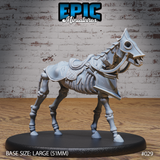 Skeleton warhorse miniature with exposed ribcage, open jaw and empty eye socket, wearing a saddle and bridle, head lowered in a forward stride. Sculpt by Epic Miniatures.