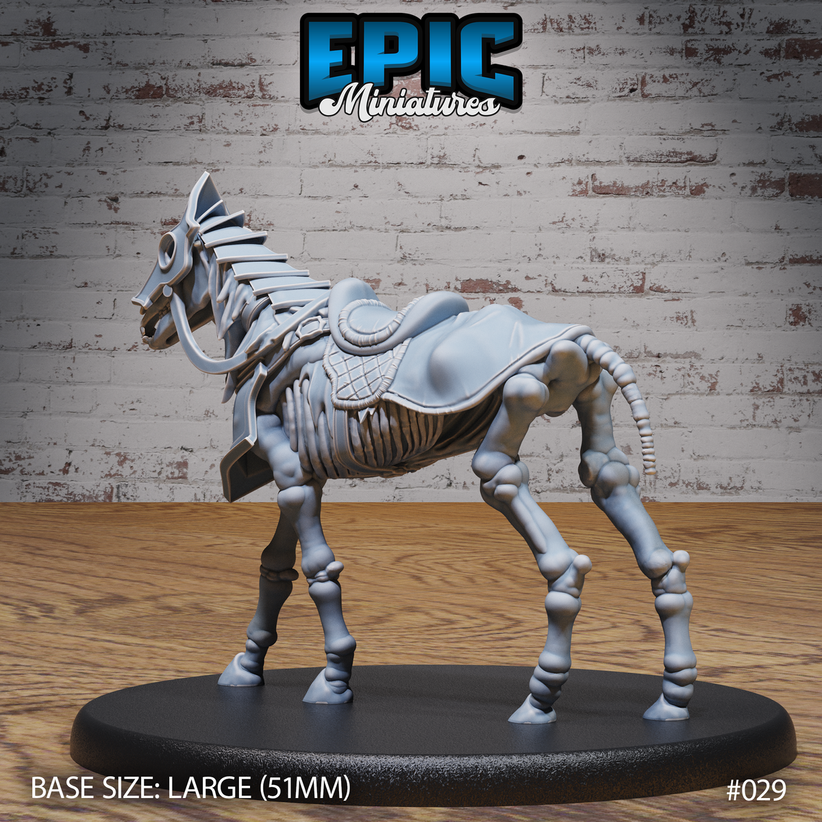 Skeleton warhorse with bony legs braced, ribcage and vertebrae fully exposed, fitted with a quilted saddle and chest barding plate, tail reduced to bare vertebrae. Sculpt by Epic Miniatures.