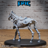 Skeleton warhorse with bony legs braced, ribcage and vertebrae fully exposed, fitted with a quilted saddle and chest barding plate, tail reduced to bare vertebrae. Sculpt by Epic Miniatures.