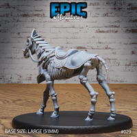 Skeleton warhorse with bony legs braced, ribcage and vertebrae fully exposed, fitted with a quilted saddle and chest barding plate, tail reduced to bare vertebrae. Sculpt by Epic Miniatures.