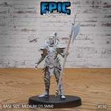 Dark elf soldier standing upright holding a tall halberd, wearing sharply detailed angular plate armour with blade-edged pauldrons and swept-back hair. Sculpt by Epic Miniatures.