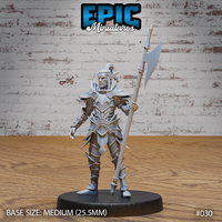 Dark elf soldier standing upright holding a tall halberd, wearing sharply detailed angular plate armour with blade-edged pauldrons and swept-back hair. Sculpt by Epic Miniatures.