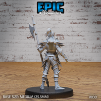 Dark elf halberdier viewed from behind, showing layered plate armour with interlocking segments, blade-like protrusions along the shoulders, and long flowing hair. Sculpt by Epic Miniatures.