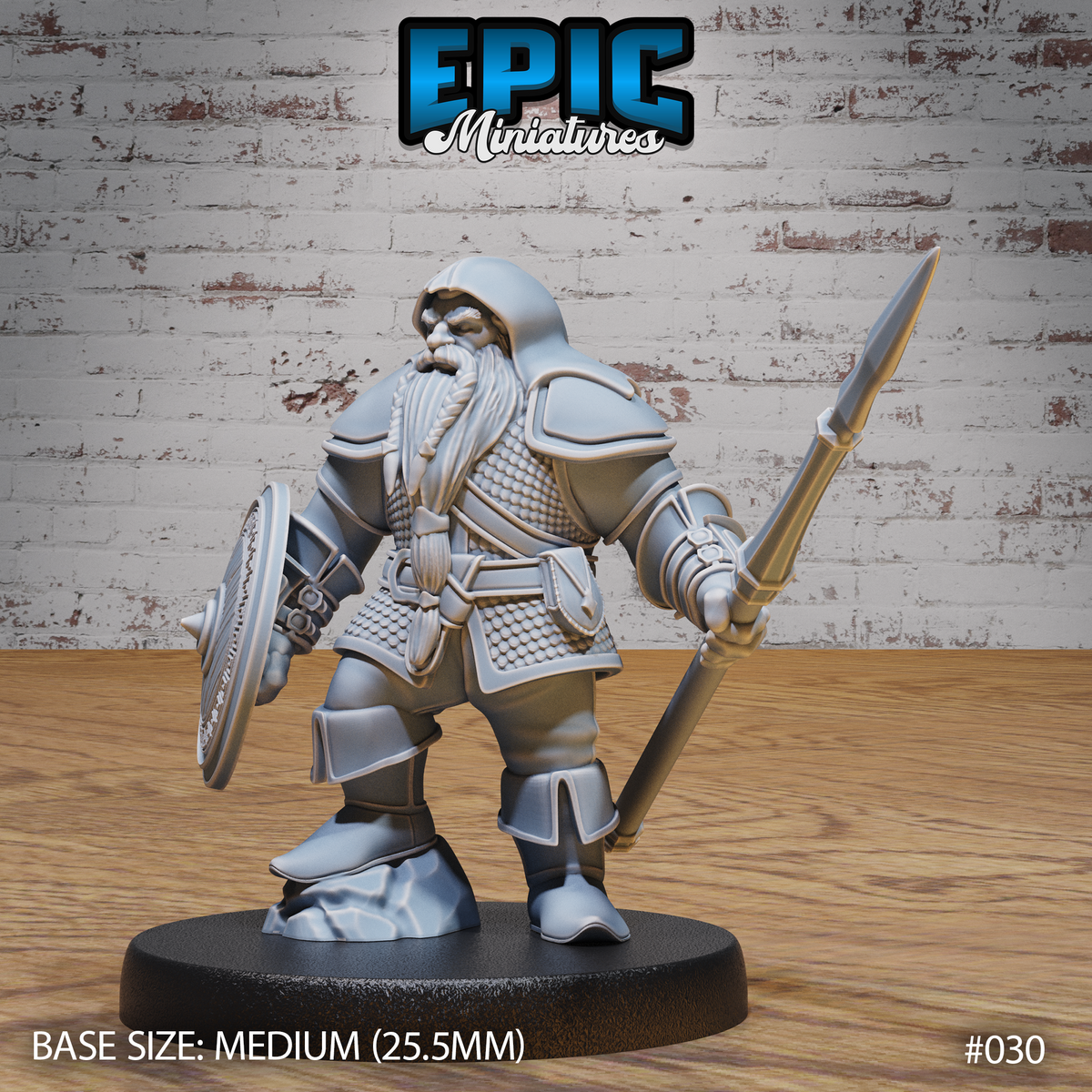 Stocky dwarf soldier holding a long spear in his right hand and a round knotwork shield on his left arm, wearing layered chainmail and plate pauldrons with a braided beard and hooded cowl. Sculpt by Epic Miniatures.