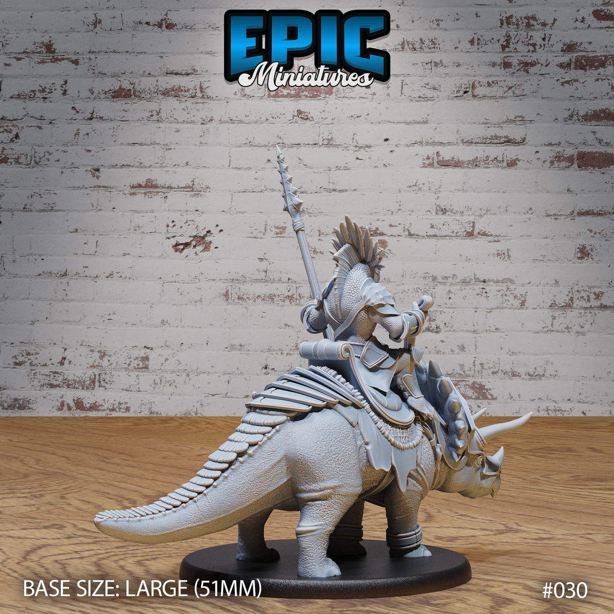 Rear and side view of lizardfolk mounted warrior showing feathered crest on helm, layered scale-and-plate armour on the rider, and detailed armour plating across the triceratops frill and flanks with fitted saddle harness. Sculpt by Epic Miniatures.