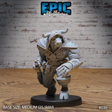Minotaur rogue miniature in a low predatory crouch, wearing a hooded cloak and face wrap, quilted chest armour, utility belt with pouches, clenched fist raised. Sculpt by Epic Miniatures.