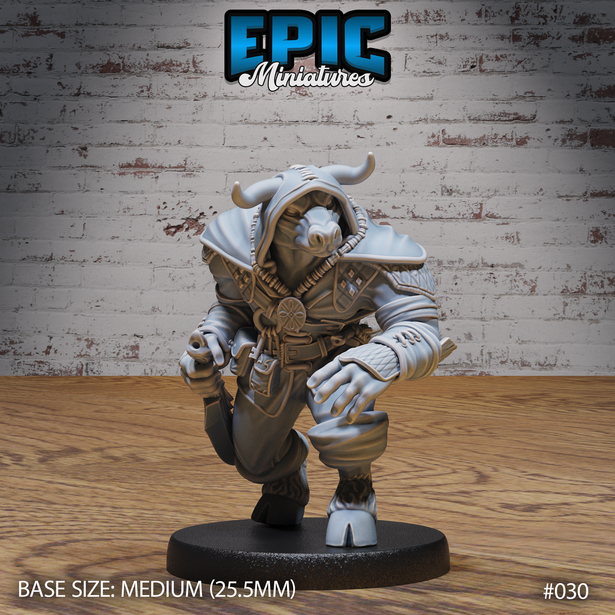 Minotaur rogue miniature in a low predatory crouch, wearing a hooded cloak and face wrap, quilted chest armour, utility belt with pouches, clenched fist raised. Sculpt by Epic Miniatures.
