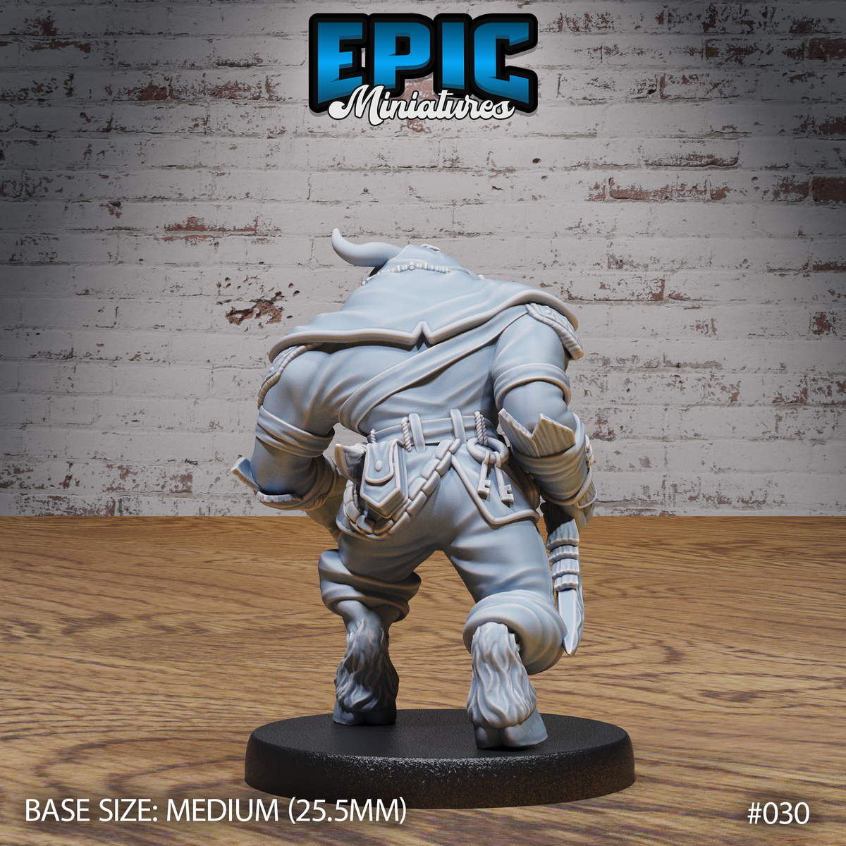 Minotaur rogue miniature seen from behind, showing a slung satchel, sheathed blade at the hip, ring of keys on the belt, and dense fur covering the hooved lower legs. Sculpt by Epic Miniatures.