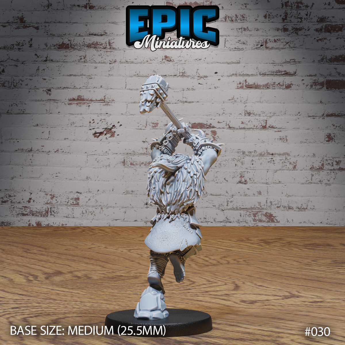 Orc warrior viewed from behind and side, hammer raised high, showing thick fur mantle across the shoulders, layered armour, skull-decorated belt, and bare gnarled feet. Sculpt by Epic Miniatures.