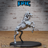Skeletal warhorse rearing on hind legs, mouth open and teeth bared, with ribcage and spine fully exposed. A quilted saddle, saddlebag, and bridle remain strapped to the bones. Mounted on a large oval base. Sculpt by Epic Miniatures.