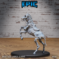 Skeletal warhorse mid-rear, showing the full articulated ribcage and bony legs from a slightly elevated angle. The saddle skirt and bridle straps are clearly visible against the bare bone. Large oval base. Sculpt by Epic Miniatures.